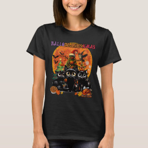 Hallothanksxmas Black Cat Halloween Thanksgiving T-Shirt