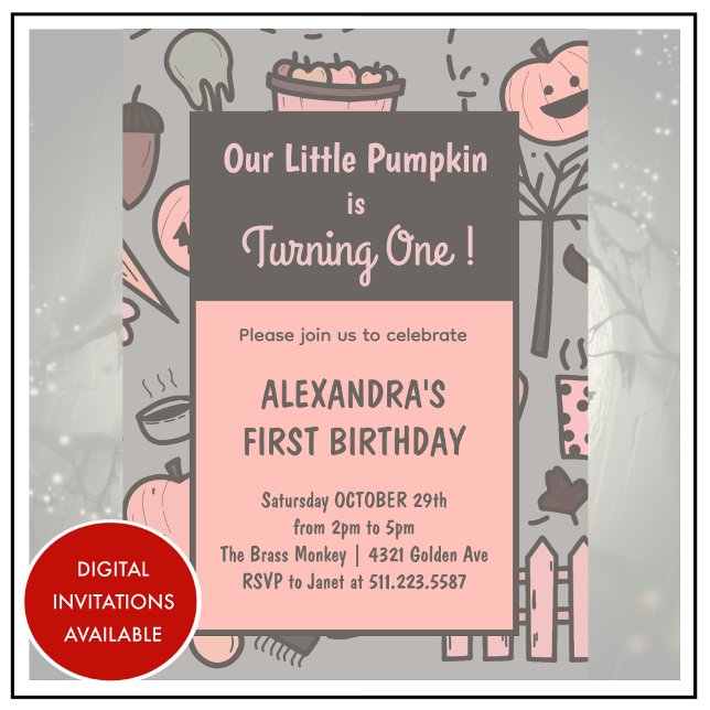 Halloween 1st birthday invitations fall pumpkin (halloween-1st-birthday-invitations-pink-fall-1)