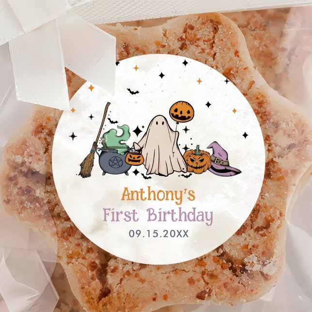 Halloween 1st Birthday Party Classic Round Sticker (Creator Uploaded)