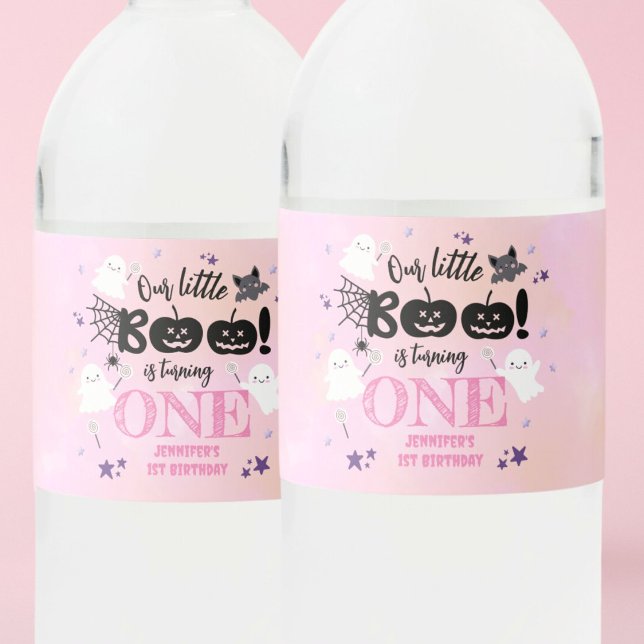 Halloween 1st Birthday Party Pink Girl Cute Spooky Water Bottle Label (Creator Uploaded)