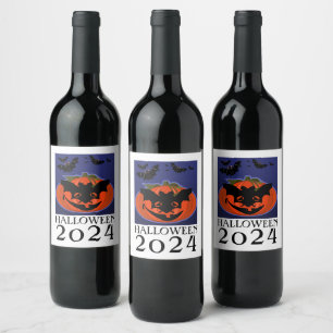 Halloween 2024 Pumpkin Wearing Mask Wine Label