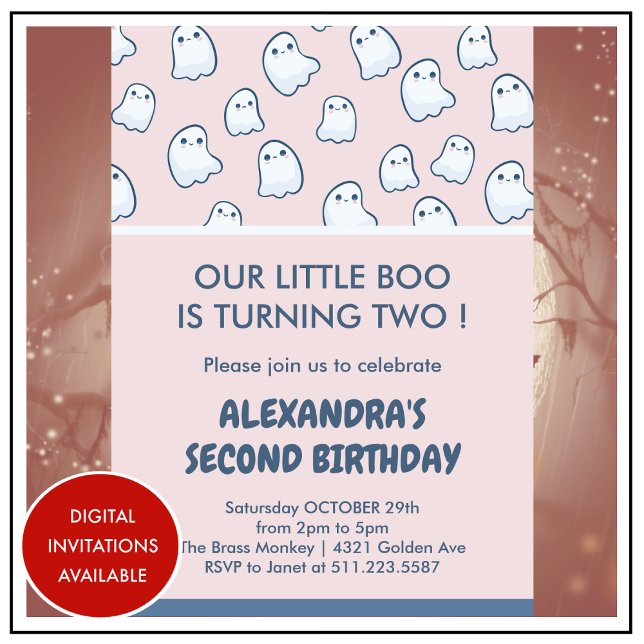 Halloween 2nd birthday invitations little boo cute (halloween-2nd-birthday-invitation-pink-ghosts-1)