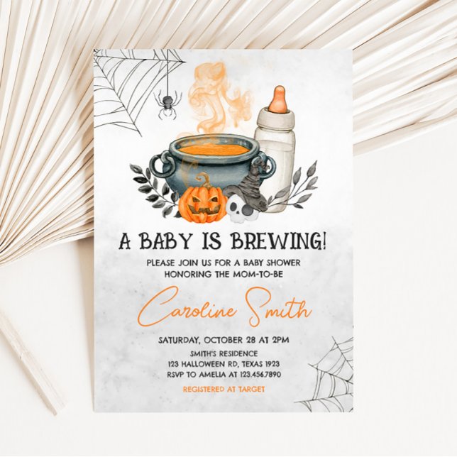 Halloween A Baby is Brewing Baby Shower  Invitation (Orange Baby Bottle Halloween Baby Shower Invitation)