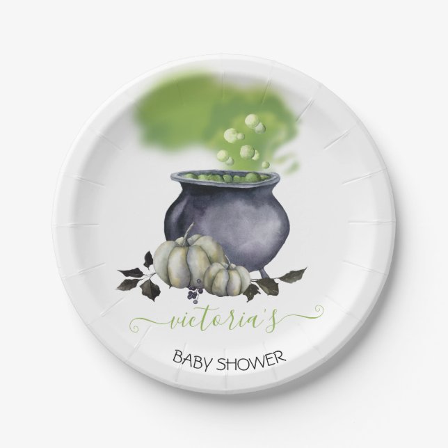 Halloween A Baby is Brewing Cauldron Baby Shower Paper Plate (Front)