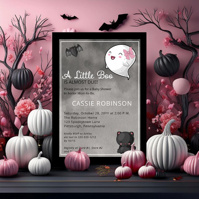 Halloween A Little Boo Ghost Girl Baby Shower Invi Invitation (Cute "A Little Boo Is Almost Due" Girl Baby Shower Coquette Ghost Kawaii Baby Shower Invitation)