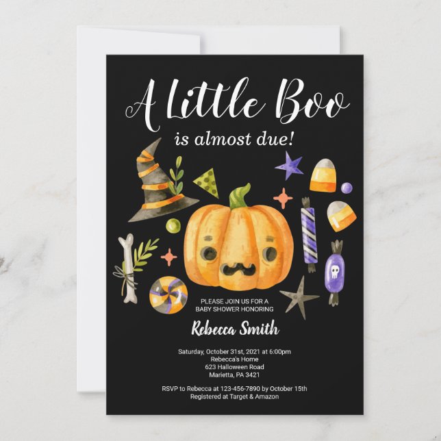 Halloween A Little Boo Pumpkin Baby Shower Black Invitation (Front)