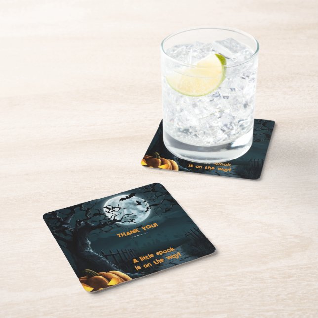 Halloween A Little Spook Pumpkin Baby Shower Square Paper Coaster (Insitu)