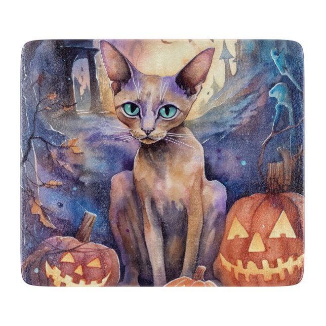 Halloween Abyssinian Cat With Pumpkin Scary Cutting Board (Front)
