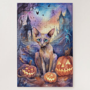 Halloween Abyssinian Cat With Pumpkin Scary Jigsaw Puzzle