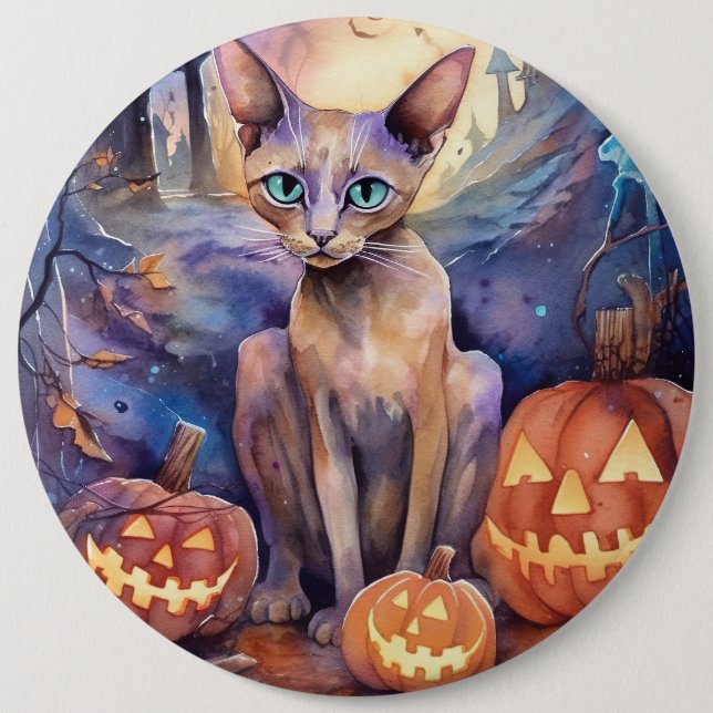 Halloween Abyssinian Cat With Pumpkins Scary 6 Cm Round Badge (Front)
