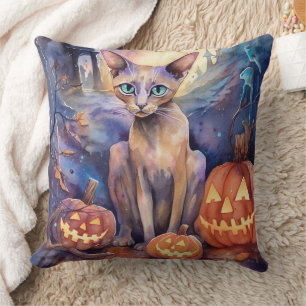 Halloween Abyssinian Cat With Pumpkins Scary Cushion