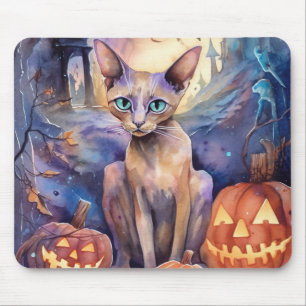 Halloween Abyssinian Cat With Pumpkins Scary Mouse Pad