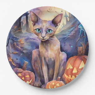 Halloween Abyssinian Cat With Pumpkins Scary Paper Plate