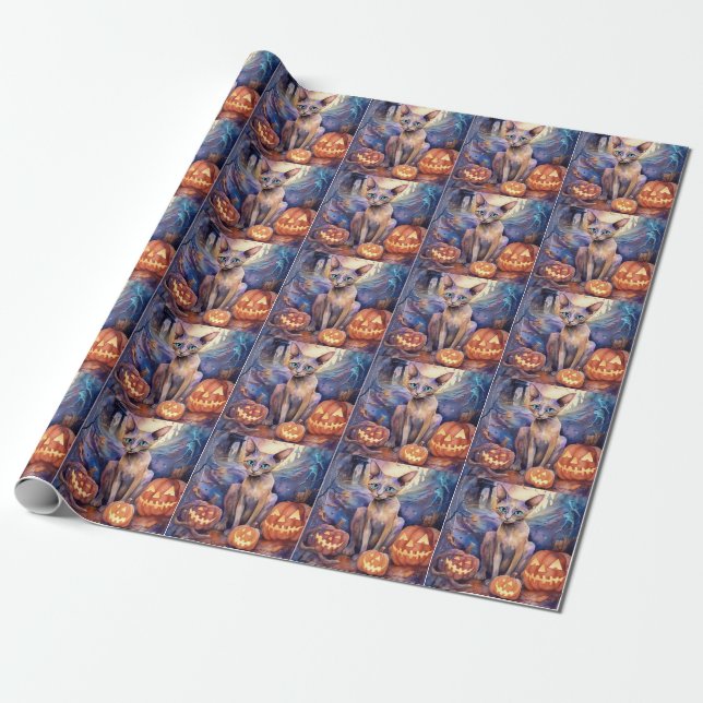 Halloween Abyssinian Cat With Pumpkins Scary Wrapping Paper (Unrolled)