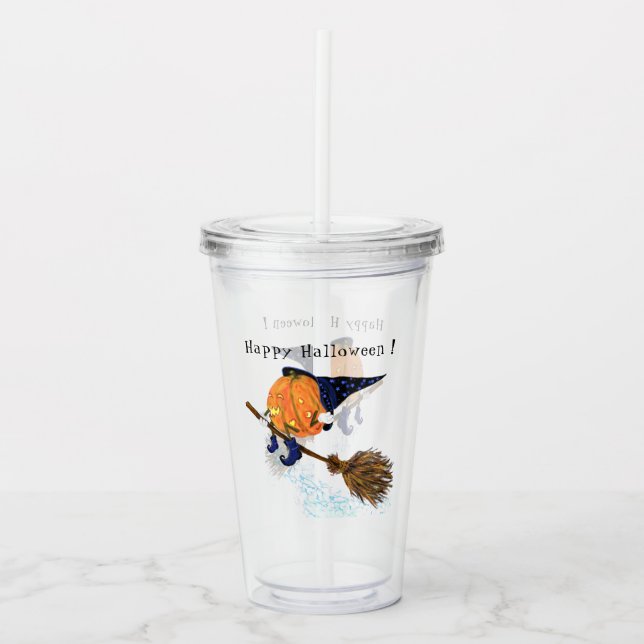 Halloween Acrylic Tumbler Witch Pumpkin Flying (Front)