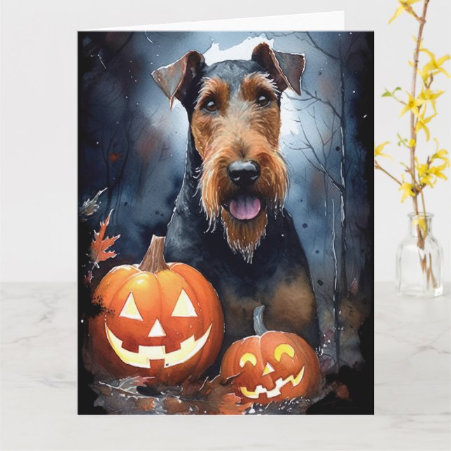 Halloween Airedale With Pumpkins Scary Card (Yellow Flower)
