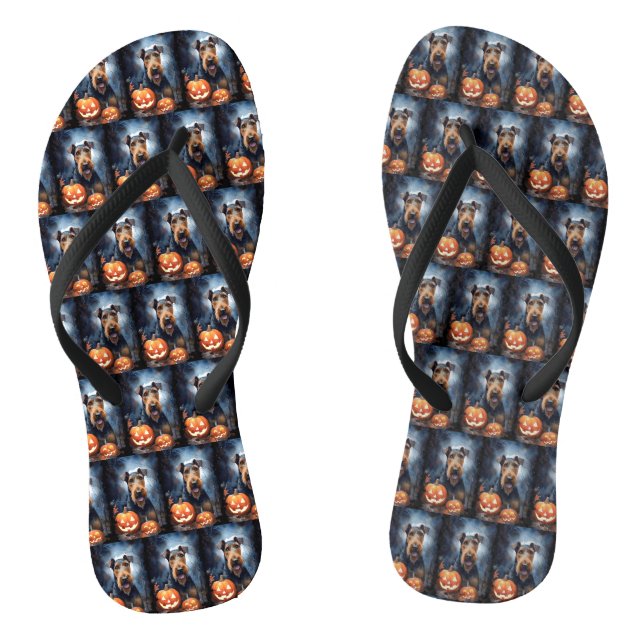 Halloween Airedale With Pumpkins Scary Jandals (Footbed)