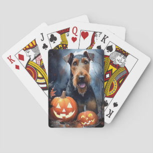 Halloween Airedale With Pumpkins Scary Playing Cards