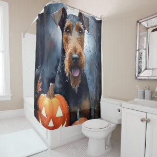 Halloween Airedale With Pumpkins Scary Shower Curtain