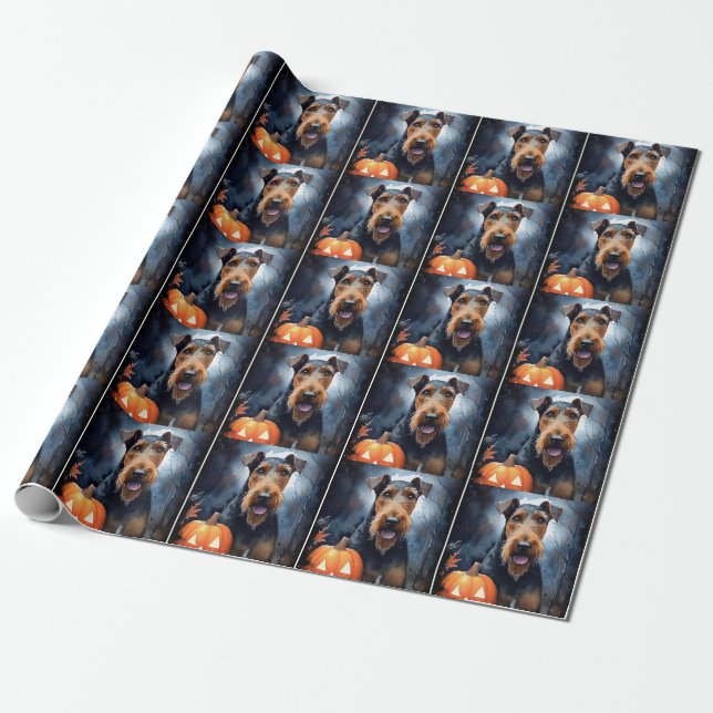 Halloween Airedale With Pumpkins Scary Wrapping Paper (Unrolled)