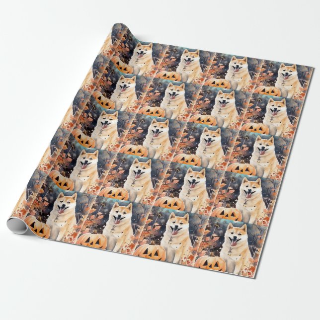 Halloween Akita With Pumpkins Scary Wrapping Paper (Unrolled)