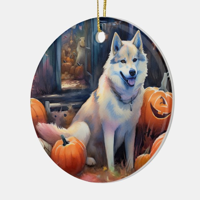 Halloween Alaskan Malamute With Pumpkins Scary Ceramic Tree Decoration (Left)