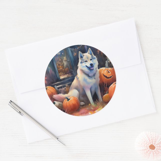 Halloween Alaskan Malamute With Pumpkins Scary Classic Round Sticker (Envelope)