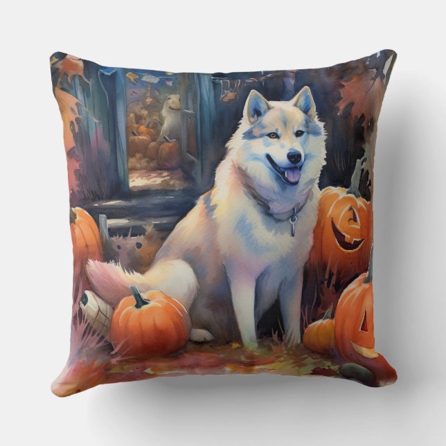 Halloween Alaskan Malamute With Pumpkins Scary Cushion (Back)
