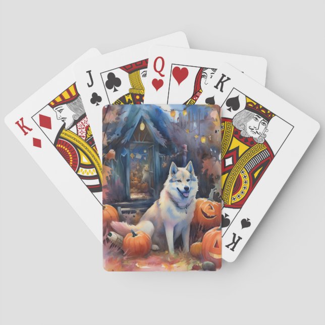 Halloween Alaskan Malamute With Pumpkins Scary Playing Cards (Back)