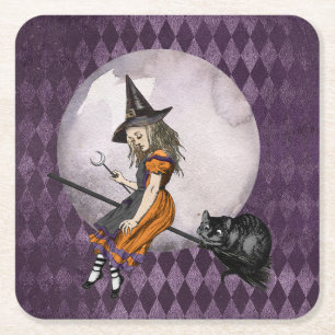 Halloween Alice in Wonderland Cheshire Cat Moon Square Paper Coaster