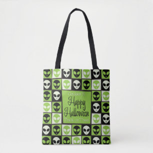 Halloween alien mosaic tote bag