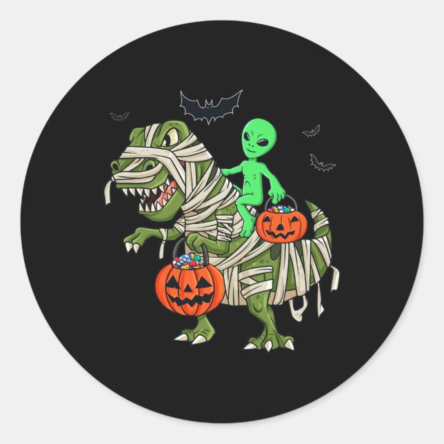 Halloween Alien Riding T Rex Fun Boys Girls Kids  Classic Round Sticker (Front)