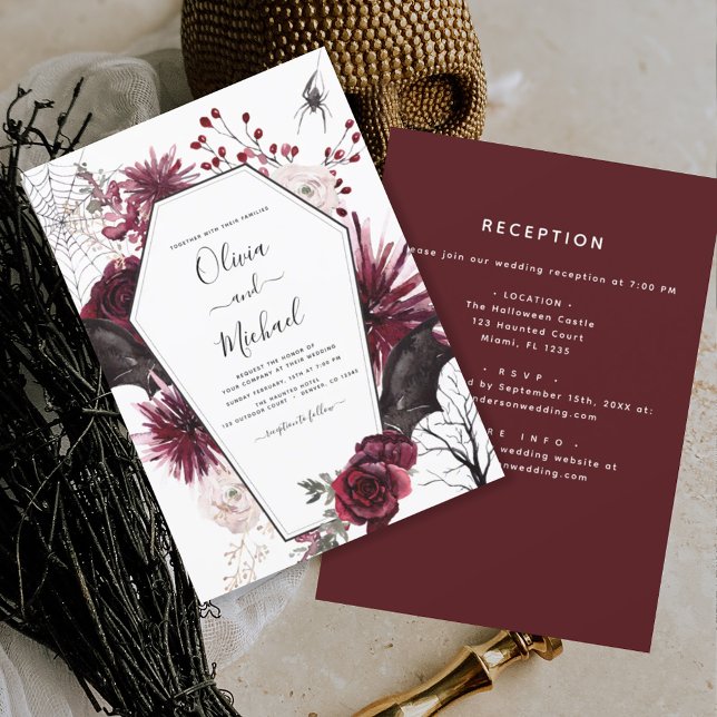 Halloween All in One Goth Wedding Burgundy Invitation (Creator Uploaded)