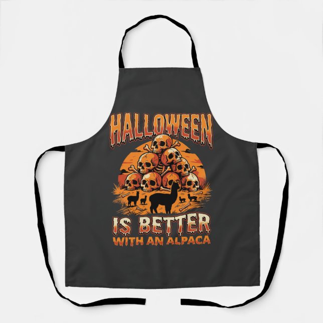 Halloween Alpaca Skull Pile Retro Horror Design Apron (Front)