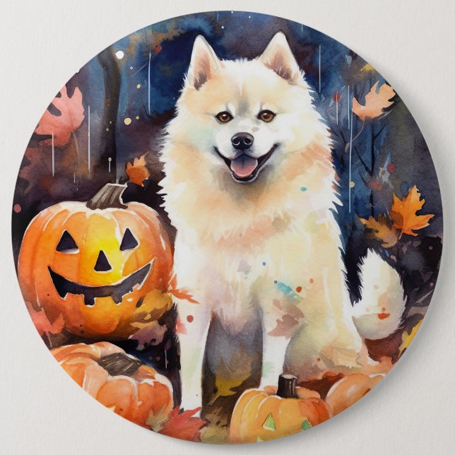 Halloween American Akita With Pumpkins Scary 6 Cm Round Badge (Front)