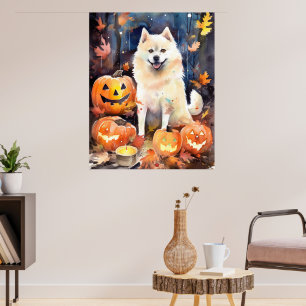 Halloween American Akita With Pumpkins Scary Poster