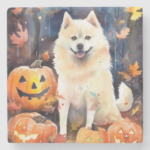 Halloween American Akita With Pumpkins Scary Stone Coaster