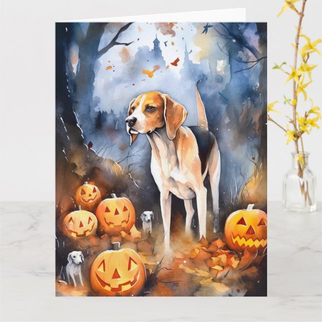 Halloween American English Foxhound With Pumpkins Card (Yellow Flower)
