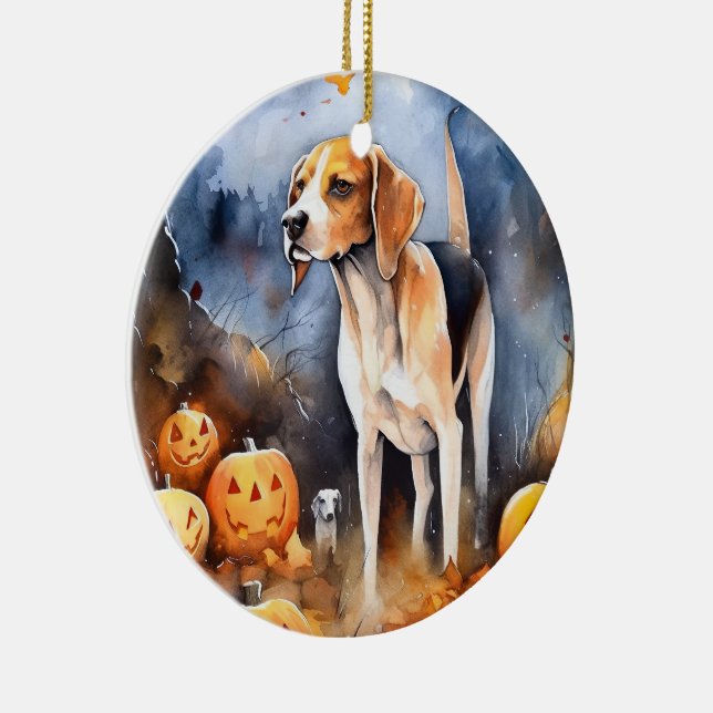Halloween American English Foxhound With Pumpkins Ceramic Tree Decoration (Right)
