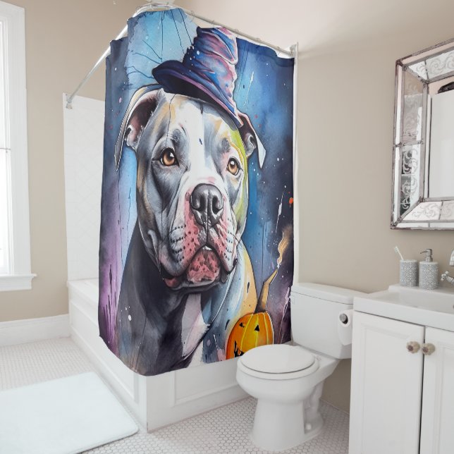 Halloween American Staffordshire With Pumpkins Shower Curtain (In Situ)