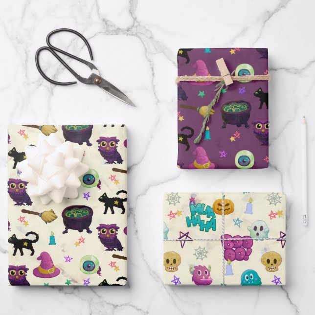 HALLOWEEN AND FALL CREEPY PATTERN WRAPPING PAPER SHEET (Front)