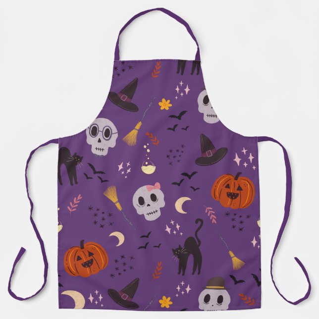 Halloween Apron – Skulls, Pumpkins & Black Cats (Front)