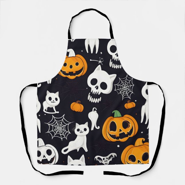 Halloween Aprons, Pumpkin Jack-o-Lantern Cat Skull Apron (Front)