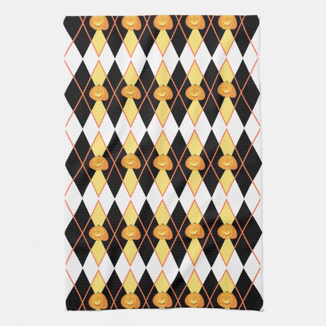 Halloween Argyle Jack-o-lantern Pumpkin Tea Towel (Vertical)