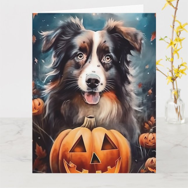 Halloween Australian Shepherd With Pumpkins Scary Card (Yellow Flower)