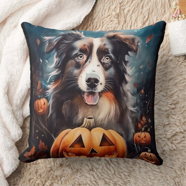 Halloween Australian Shepherd With Pumpkins Scary Cushion (Blanket)