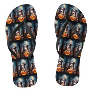 Halloween Australian Shepherd With Pumpkins Scary Jandals