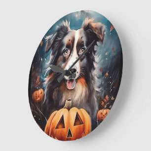 Halloween Australian Shepherd With Pumpkins Scary Large Clock