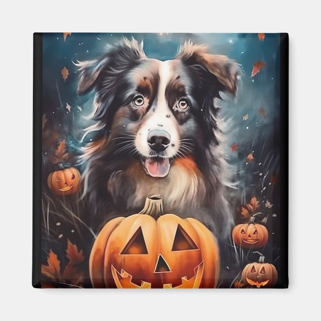 Halloween Australian Shepherd With Pumpkins Scary Magnet (Front)