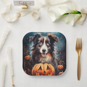 Halloween Australian Shepherd With Pumpkins Scary Paper Plate
